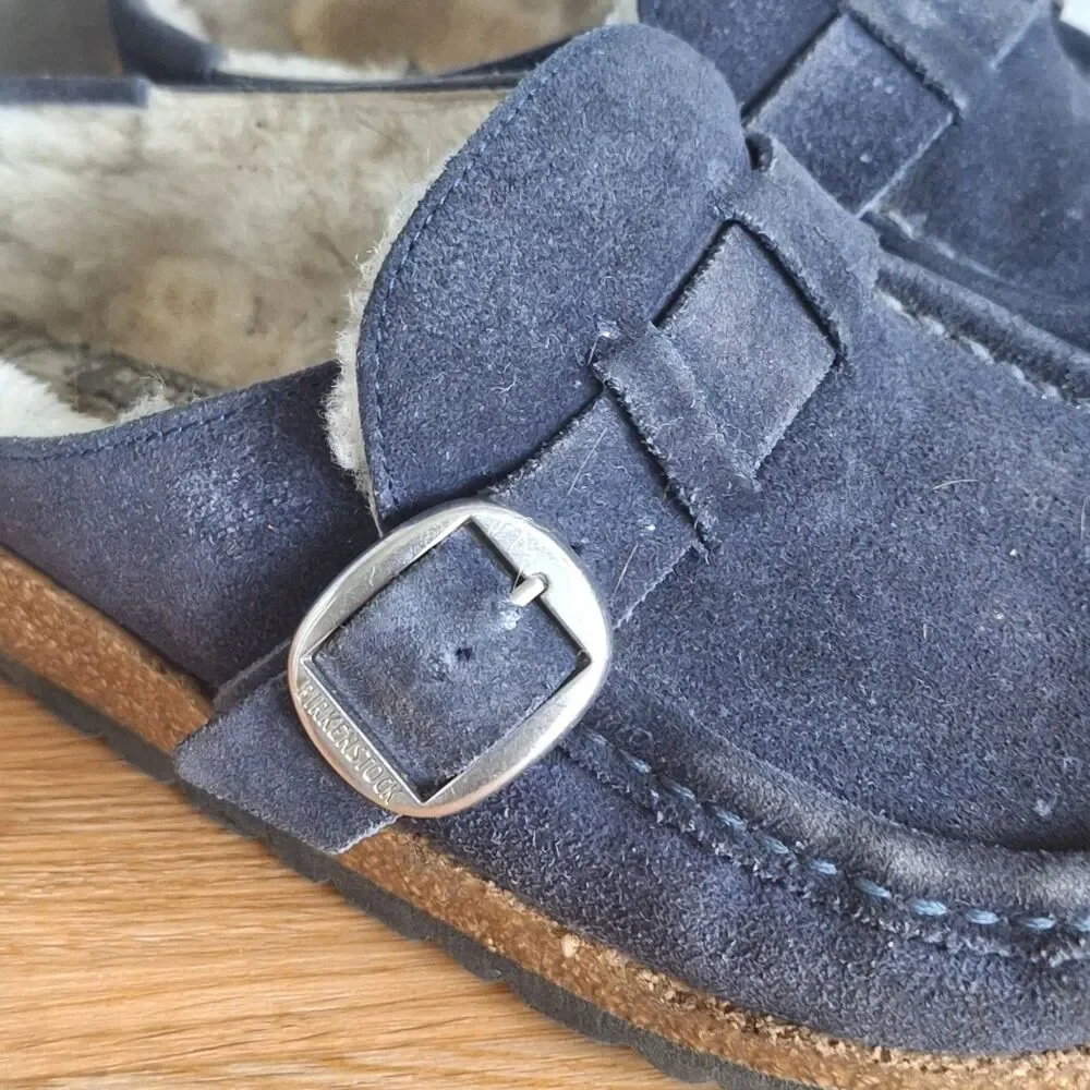 Birkenstock Women's Gray Suede Shearling Mule Clogs with Buckle - Picture 11 of 14